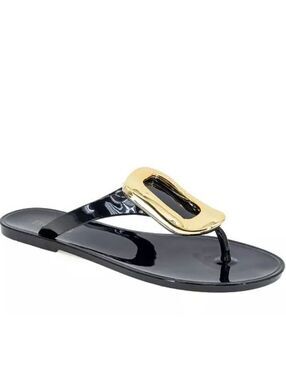 Size 10 - New BCBG Oxina Black Flip Flop Gold Accent Sandals